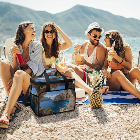 Group enjoying beach with Insulated Picnic Backpack Tote Bag 30L Large Capacity Cooler Bag With Leakproof Waterproof Design visible