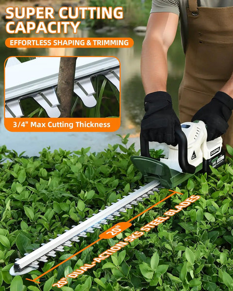 Person using 20 Inch Cordless Hedge Trimmer With Dual Rechargeable Batteries, Lightweight Electric Bush Trimmer on green bushes