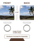 Outrigger Fishing Canoe Key Chain Set From Fiji front and back with palm tree design, heavy-duty plastic, 2.25 inches