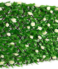 Expandable Faux Ivy Fence Screen for Balcony and Patio 16x45 Inch Closed Expands to 92 Inch Wide Willow Frame with Realistic Ivy and Flowers