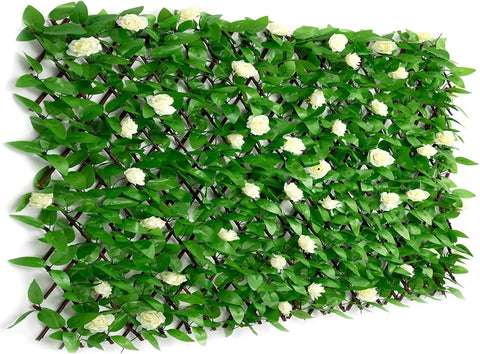 Expandable Faux Ivy Fence Screen for Balcony and Patio 16x45 Inch Closed Expands to 92 Inch Wide Willow Frame with Realistic Ivy and Flowers