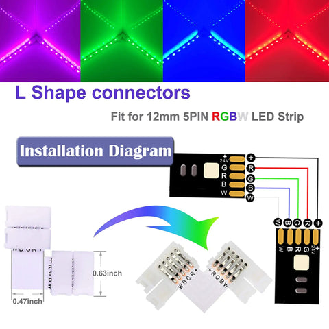 Installation diagram for L shape 5Pin LED Strip Connector Kit With 16.4Ft RGBW Extension Wire For 12Mm Wide 5050 LED Strips