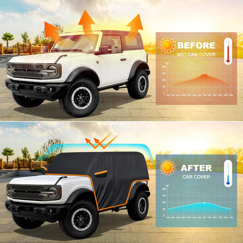 Ford Bronco 2 Door Cab Cover 420D Oxford Fabric Waterproof All Weather Sun Rain UV Dust Protection comparison before after