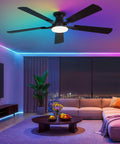Sleek 52 Inch Smart Ceiling Fan With RGB Smart Lighting And Wifi Voice Control Compatible With Alexa in a modern living room.