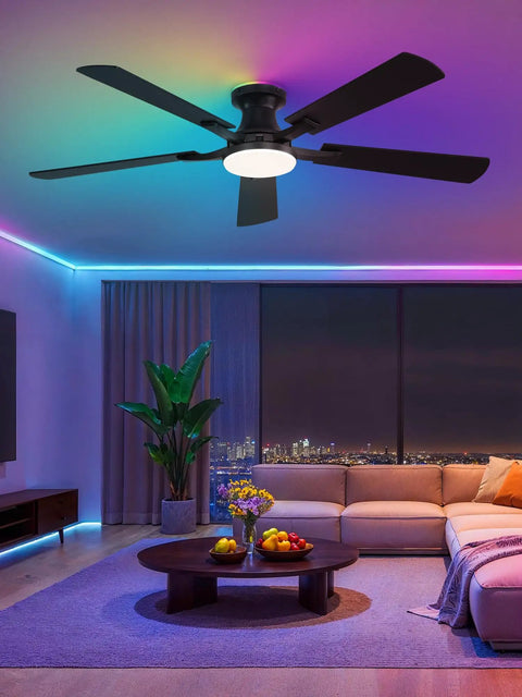 Sleek 52 Inch Smart Ceiling Fan With RGB Smart Lighting And Wifi Voice Control Compatible With Alexa in a modern living room.