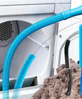 4-Piece Dryer Vent Cleaner Kit with flexible vacuum hose, lint trap brush, appliance brush, pro cleaning tools, dryer background.