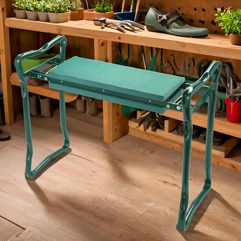 Garden Kneeler And Seat Flip Bench For Comfortable Outdoor Gardening With Thick Foam Cushion Sturdy Lightweight Frame Handy Handles To Stand Up Easy Converts From Kneeler To Seat In Seconds For Cushioned Kneeling Or Sitting shown in a garden setting.