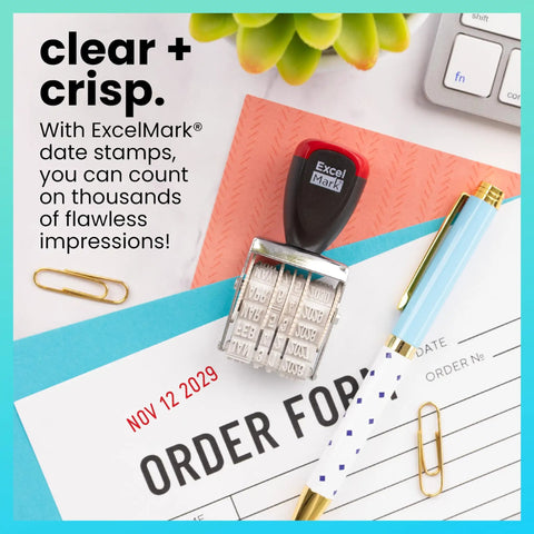 Premium Rubber Line Dater Stamp Built Different With Metal And Plastic Body Featuring Crisp 4mm Width Marking and Ten Year Range for Quick Document Sign Off Requires Separate Ink Pad For Best Results on desk with paperwork.