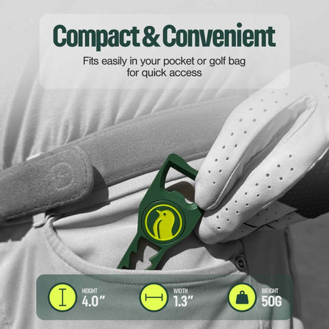 Person placing a Seven In One Metal Golf Divot Tool With Magnetic Ball Marker And Tee Height Setter Includes Bottle Opener Groove Cleaner