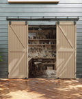 Exterior view of a 12 Ft Box Rail Exterior Barn Door Hardware Kit for Two Doors installed on a wooden exterior with sliding doors
