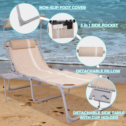 Face-Down Sun Lounger With Canopy And Face Hole, 5-Position Adjustable Tanning Chair With Padded Pillow and Attachments at Beach