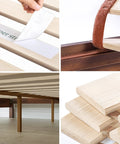 Components of King Size Solid Wood Platform Bed Frame With Antique Espresso Finish, showcasing slats and support system.