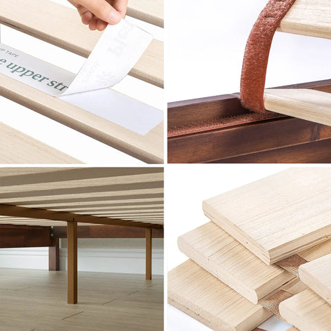 Components of King Size Solid Wood Platform Bed Frame With Antique Espresso Finish, showcasing slats and support system.