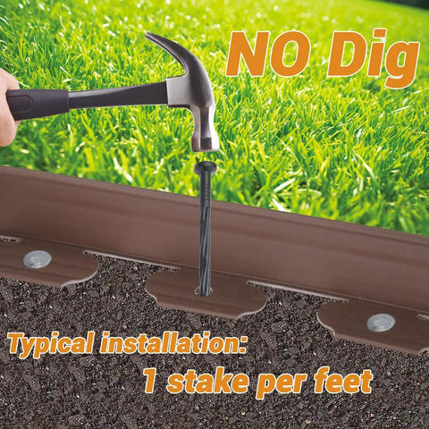 No Dig Garden Edging Kit 66 Feet Of Lawn Border With Plastic Stakes 2 Inch Tall Brown Border being installed with a hammer.
