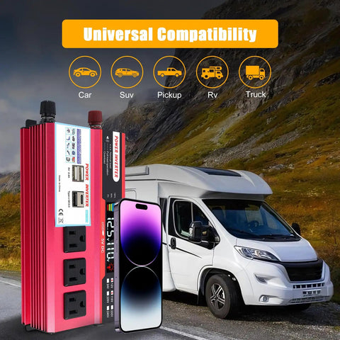 Heavy Duty 1000W Car Power Inverter That Converts 12V DC To 110V AC Smoothly and features multiple outlets, set against a camper van.