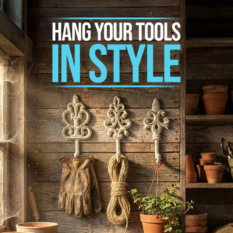 Distressed White Cast Iron Wall Hooks Set Of Three for hanging tools in a rustic wooden setting with gardening gloves and pots.