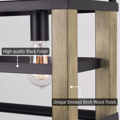Close-up of 34 Inch Four Light Farmhouse Kitchen Island Pendant Light With Linear Rectangle Chandelier In Smoked Birch Finish