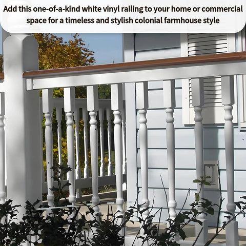 Top Shelf White Vinyl Deck Railing Balusters Colonial Style Outdoor Porch Fence Spindles by house, emphasizing classic design.