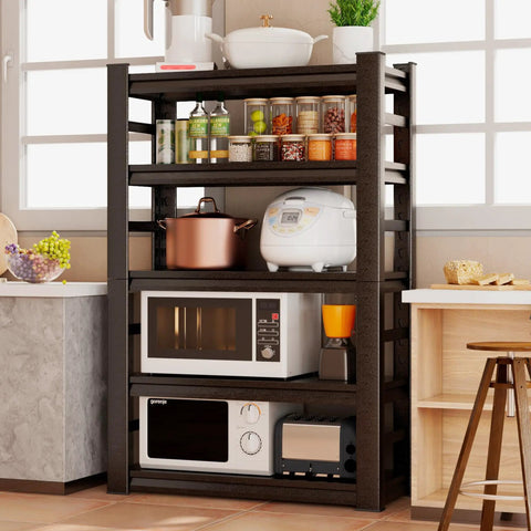 63 Inch Heavy Duty Garage Shelving Unit With Five Tier Adjustable Metal Storage Racks For Workshop Organization Black 15.75 Inch Deep 31.5 Inch Wide 63 Inch High Durable Steel Shelving System in kitchen with kitchenware and appliances.