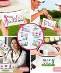 Collage of golf-themed zipper pouches with various designs and uses, part of 30 Pack Golf Gift Bags And Cosmetic Pouches For Women.