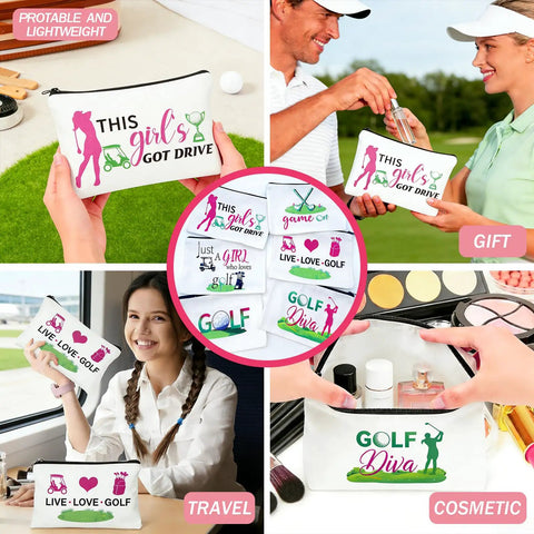 Collage of golf-themed zipper pouches with various designs and uses, part of 30 Pack Golf Gift Bags And Cosmetic Pouches For Women.