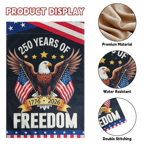 Go-To Double Sided 12x18 Inch Patriotic Eagle Garden Flag For Yard Porch And Patio, 250th Anniversary USA Celebration Flag, displayed with features