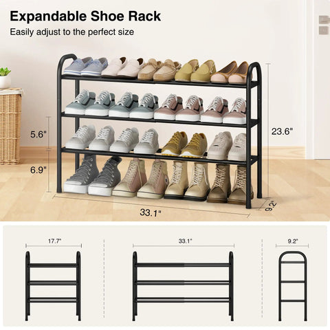 Expandable Three Tier Metal Shoe Rack Holds Up To Sixteen Pairs, Adjustable From 17.7 To 33.1 Inches, Free Standing Black Shoe Organizer