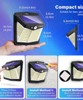 Outdoor Solar Motion Lights 128 LEDs 8 Pack, showing compact size, installation methods, and mode switching features.