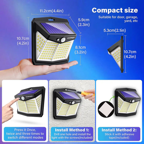 Outdoor Solar Motion Lights 128 LEDs 8 Pack, showing compact size, installation methods, and mode switching features.