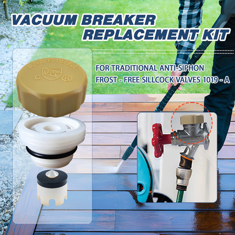 Go To Outdoor Faucet Repair Kit With ABS Plastic Anti Siphon Valve ASSE 1019 Vacuum Breaker shown with garden hose.