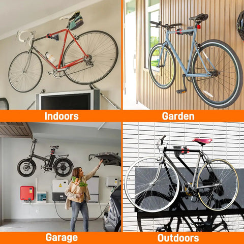 Indoors and outdoors view of 360 Degree Rotating Bike Repair Stand with wall mount, showing versatility in various settings.