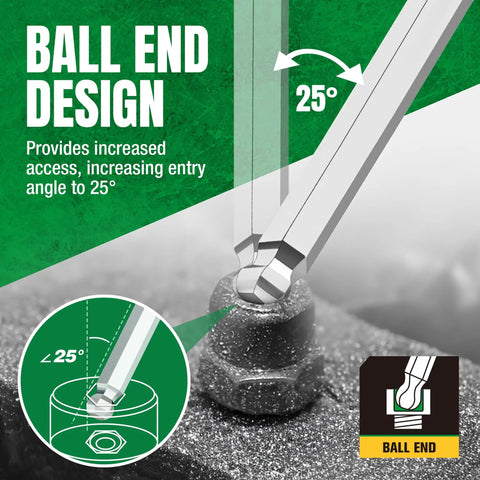Ball-end design of Nine-Piece Metric Allen Wrench Set With Ball End Hex Keys In S2 Steel, showing 25-degree entry angle