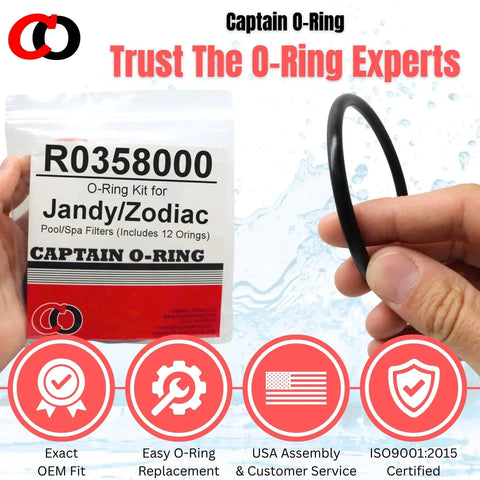 12 O Ring Kit R0358000 For Jandy Zodiac Pool And Spa Filters Includes Twelve O Rings And Compatible With CV340 CV460 CV580 CL340 CL460 CL580 DEV And DEL Series package and O-ring displayed on hand