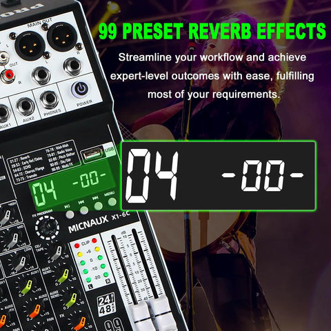 Six Channel Pro Audio Mixer With 99 DSP Effects, USB And Bluetooth, close-up of control panel and musician on stage