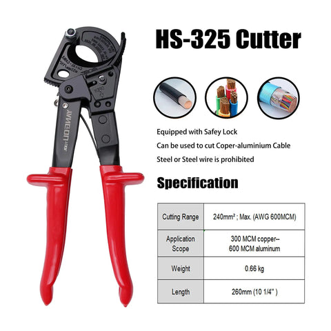 Beefy Heavy Duty Ratchet Cable Cutter for Aluminum and Copper Wires up to 240mm2 with red handles and safe ratcheting action