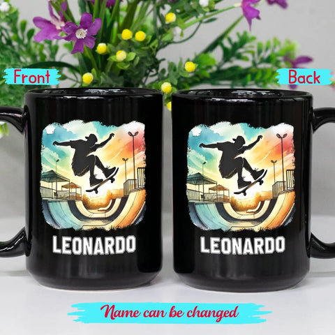 Custom Skateboarding Travel Mug Personalized Gift For Skateboard Lovers Black 11 Oz Dope Coffee Cup with Skatepark Image