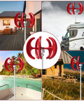 1000W Vertical Wind Turbine Kit With 12V 24V System installed in various outdoor settings; low noise, red nylon fiber blades