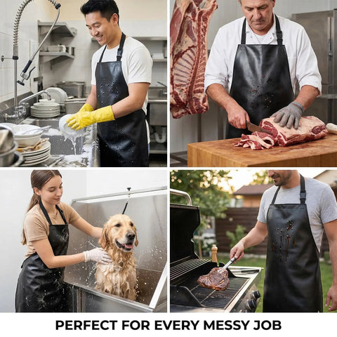 Two Pack Waterproof Rubber Aprons For Kitchen Pros And DIYers Heavy Duty Vinyl Butcher Aprons Chemical Resistant 39 Inch Length in use