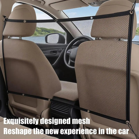 Rugged Dog Barrier Net Built Explicitly For Tesla Cybertruck Vehicles, mesh divider installed between front and back seats.
