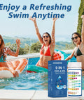 Easily Monitor Salt Levels pH Chlorine And Hardness With Zero Fuss Using These Top Shelf 150 Count Nine In One Pool Test Strips To Keep Your Backyard Oasis Swim Ready in a sunny pool scene.