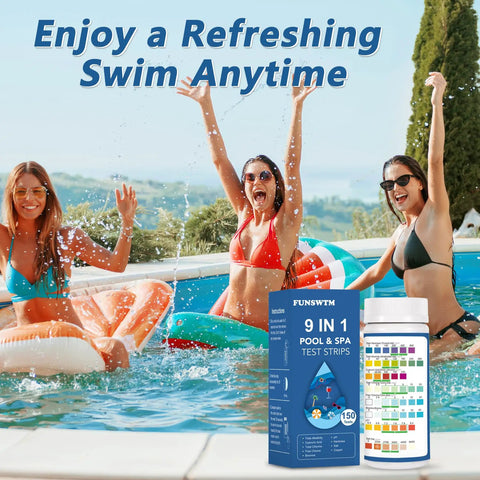 Easily Monitor Salt Levels pH Chlorine And Hardness With Zero Fuss Using These Top Shelf 150 Count Nine In One Pool Test Strips To Keep Your Backyard Oasis Swim Ready in a sunny pool scene.