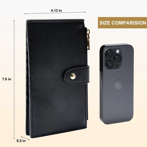 Size comparison of RFID Blocking Wallet For Women Large Capacity Bifold Card Holder With Zipper Pocket and smartphone