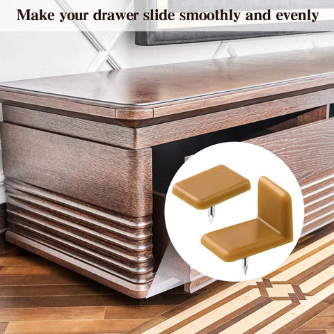 Top Shelf Furniture Hardware Pack Including Thirty Heavy Duty Plastic Drawer Stops For Dresser Repairs Square And L Shaped Cabinet Gliders Zero Hassle Setup, features square and L shaped gliders on wooden dresser.