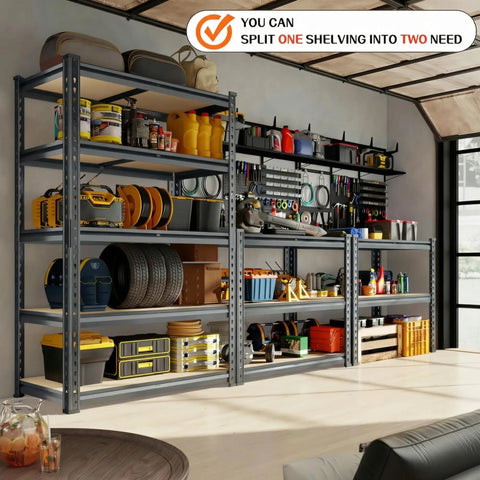 Beefy 5-Tier Heavy Duty Garage Storage Shelving Unit With Extra Wide 46 In W By 20 In D By 72 In H Boltless Steel Rack Holds Up To 3000 Lbs Total Perfect For Garage Workshop Basement Or Warehouse Organization. split into two benches in garage