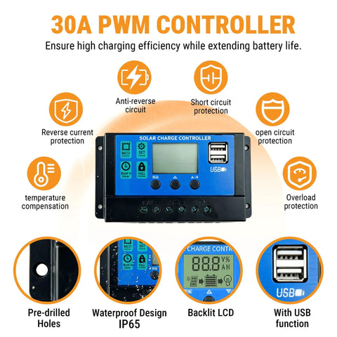30A PWM charge controller with USB ports, LCD display, IP65 weather resistant for 200W Monocrystalline Solar Panel Kit With 12V 24V System
