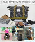 Rolling Duffel Bag With Wheels Expandable And Foldable Travel Carry On Luggage displayed with travel items around it.