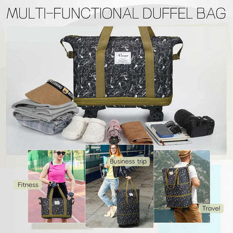 Rolling Duffel Bag With Wheels Expandable And Foldable Travel Carry On Luggage displayed with travel items around it.