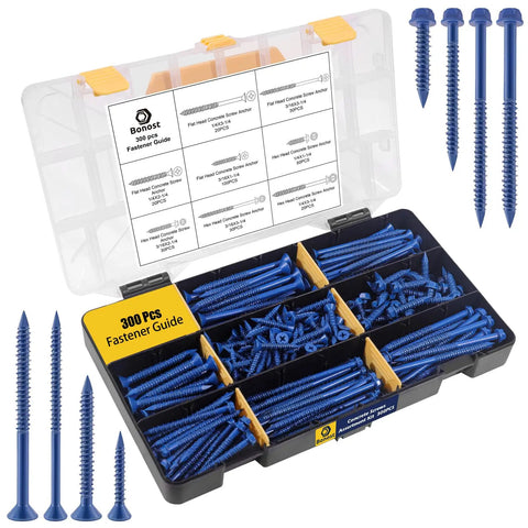 Concrete Screw Assortment Kit With Drill Bit, 300 Pieces, 8 Sizes, flat and hex head masonry screws for brick, block and cement