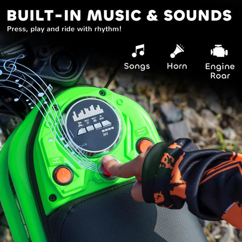 Electric Dirt Bike For Teens 13 Plus 24V 350W Off Road Motorcycle With Twist Grip Throttle Rear Suspension Up To 15 MPH Brake Music Horn Green Great For Outdoor Fun And Easy Assembly
