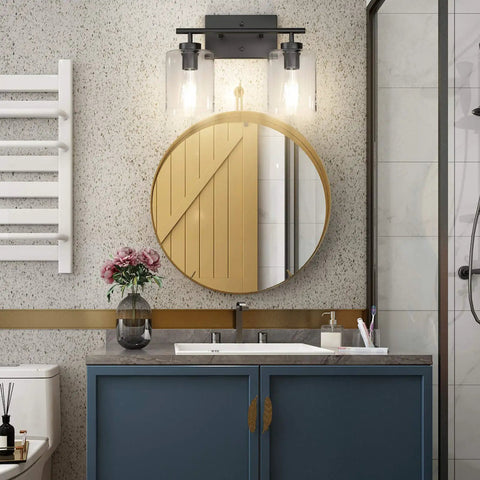 Two Light Vanity Light Fixture Matte Black With Clear Glass Shades For Over Mirror Bathroom Lighting Industrial Style installed above round mirror